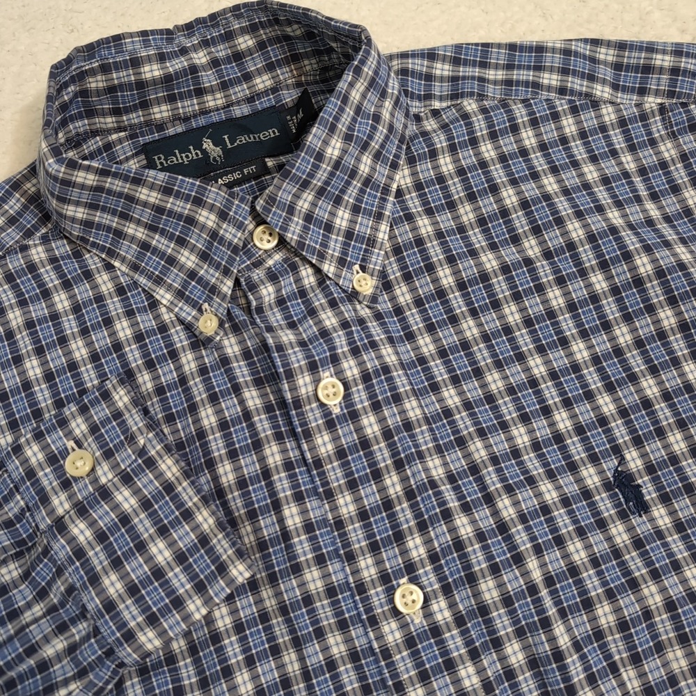Ralph Lauren Blue Plaid Long Sleeve Classic Fit Button Down Shirt Size Medium